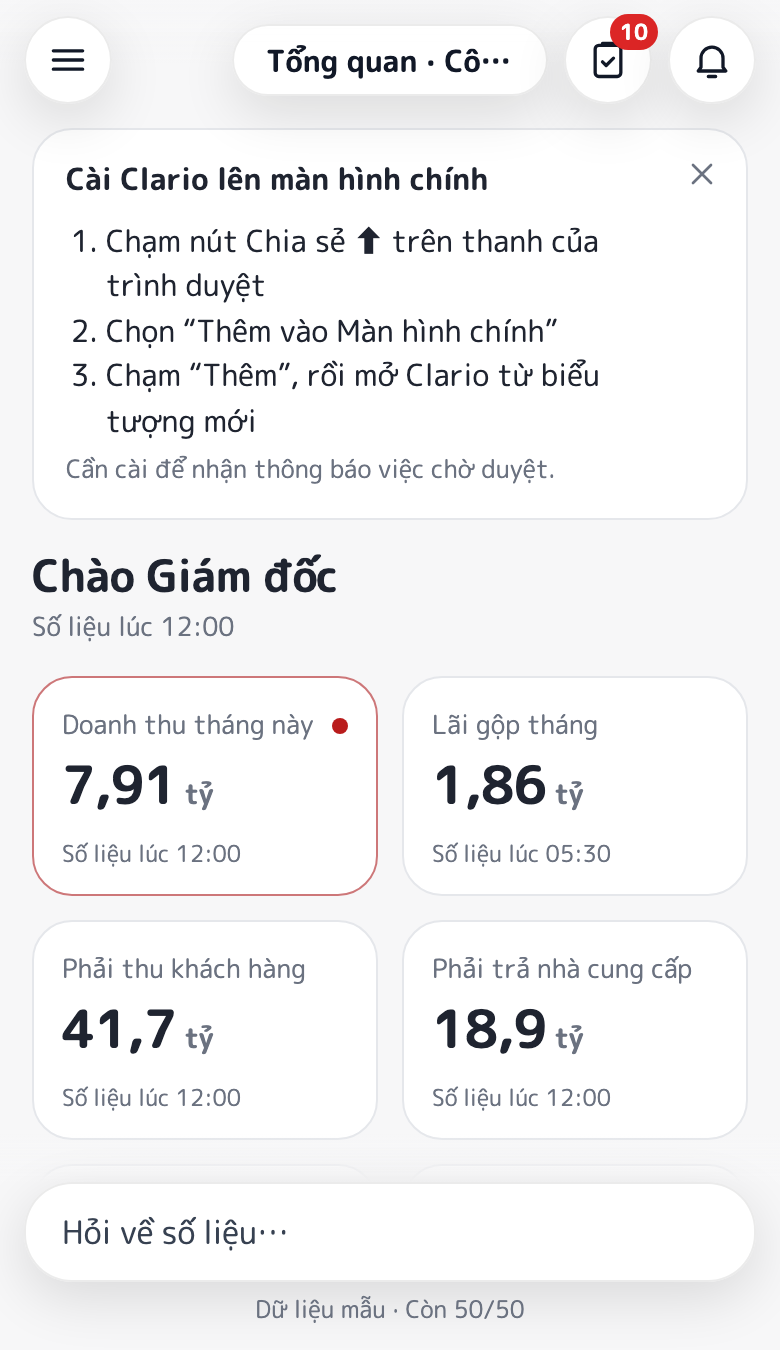 Trang Tổng quan trên iPhone có khung hướng dẫn Cài Clario lên màn hình chính với ba bước
