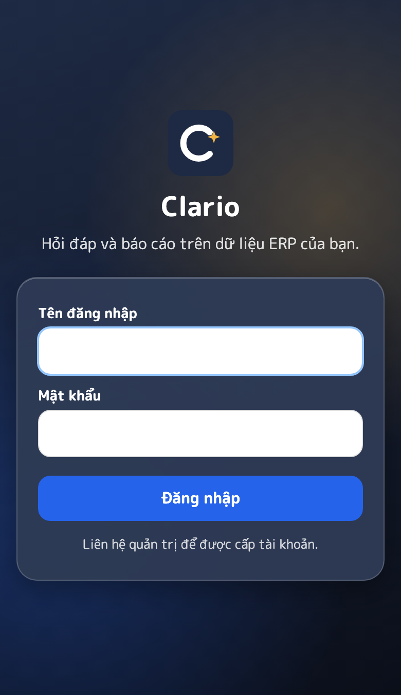 Màn đăng nhập Clario với ô tên đăng nhập, mật khẩu, và nút Đăng nhập
