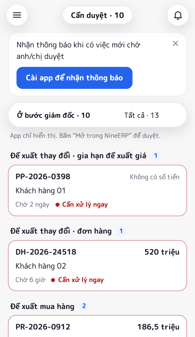 Màn hình Cần duyệt trên điện thoại: danh sách đề xuất và đơn hàng đang chờ, việc gấp ở trên