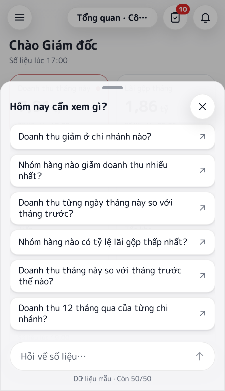 Khung “Hôm nay cần xem gì?” với các câu hỏi gợi ý về doanh thu và ô nhập câu hỏi