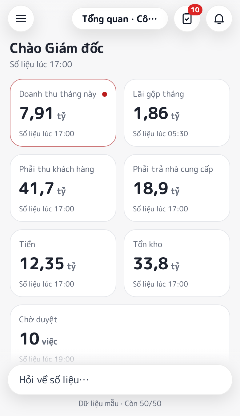 Màn hình Tổng quan trên điện thoại: các thẻ chỉ số doanh thu, lãi gộp, phải thu, phải trả, tiền, tồn kho, ô “Hỏi về số liệu…” ở cuối màn hình