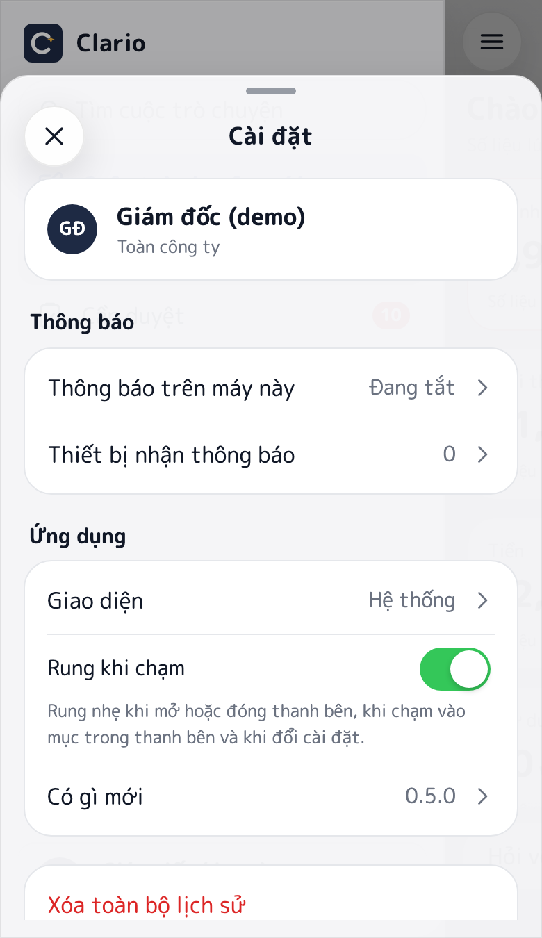 Cài đặt trên điện thoại mở từ dưới màn hình lên, chia thành các mục Thông báo và Ứng dụng, có dòng Giao diện đang ở chế độ Hệ thống